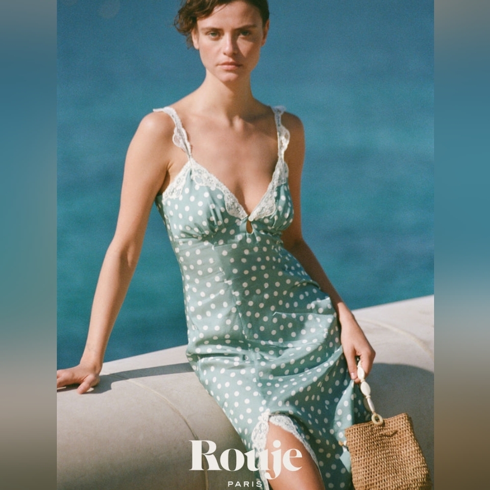 Rouje Teal Polka Dot Lace-Trim Slip Dress